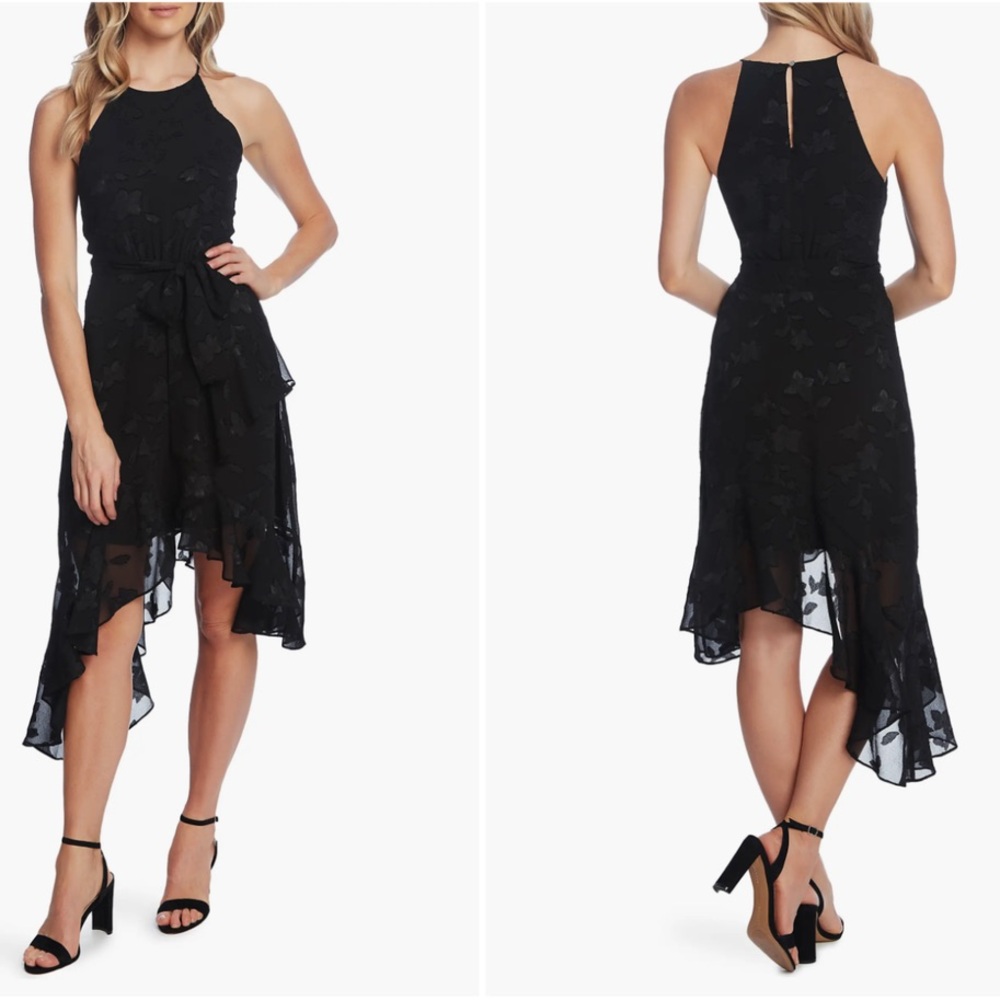 CECE ASYMMETRICAL. BLACK FLORAL LACE DRESS
